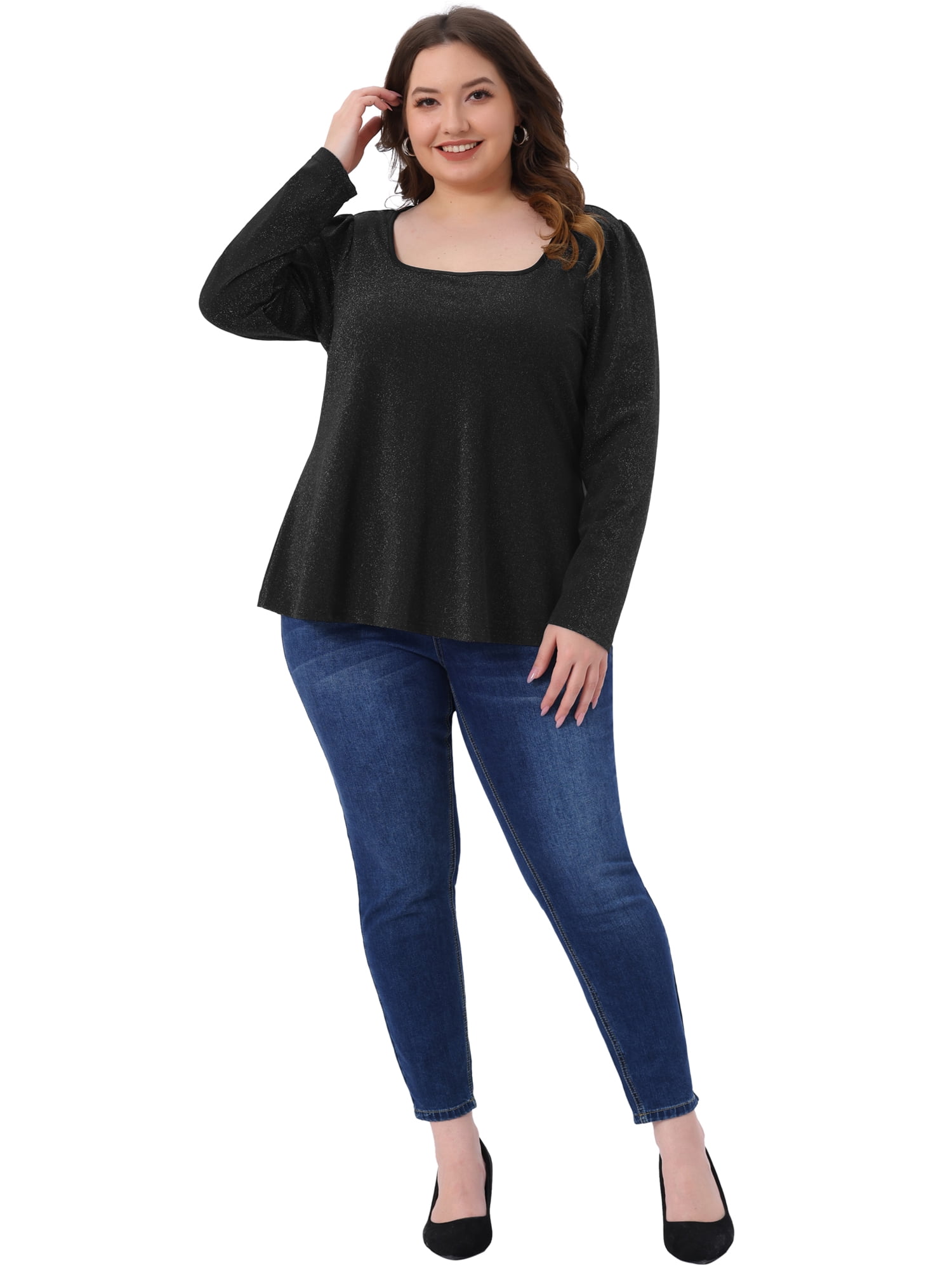 DARING DIVA Women's Plus Sparkly Glitter Square Neck Long Sleeve Top 4X Black