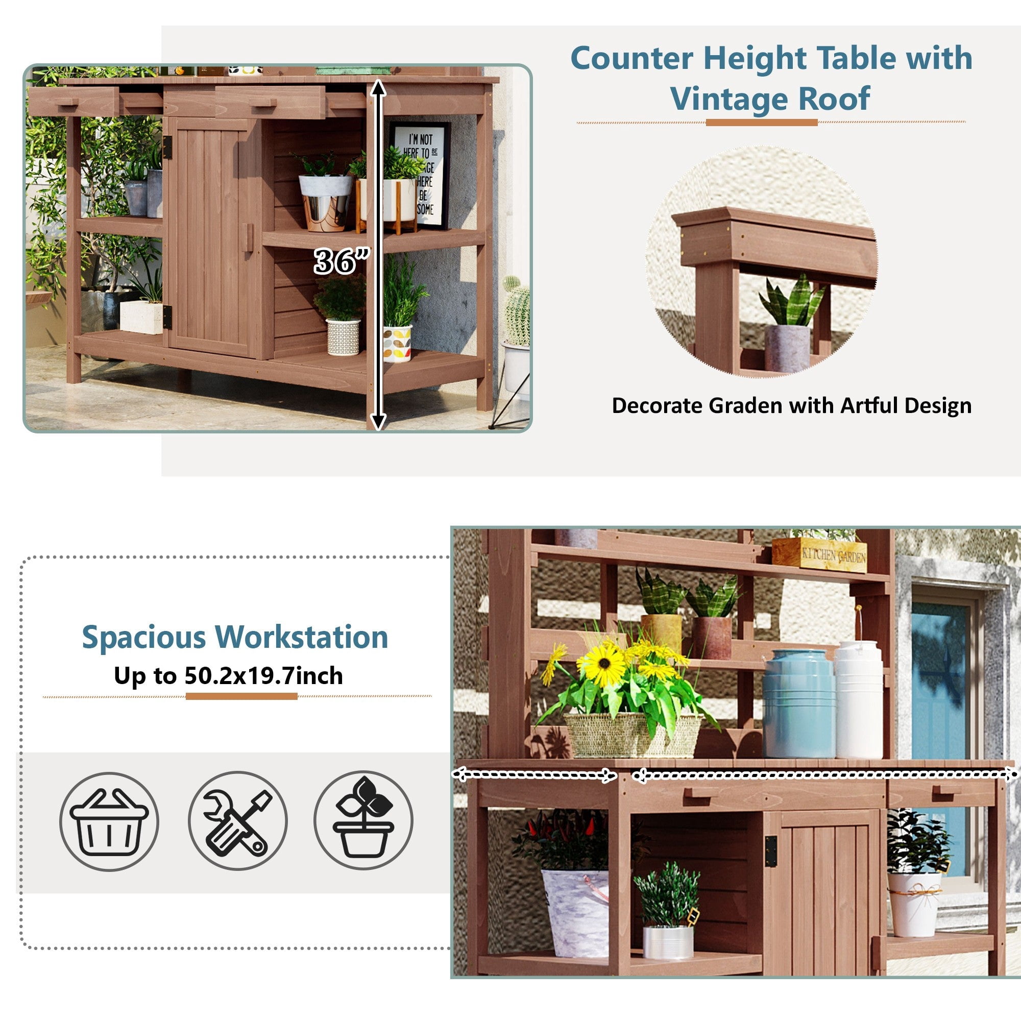 Sailvan 66 inch Farmhouse Wooden Potting Bench Table,Outdoor Garden Workstation with Storage Cabinet and Drawers for Patio Kitchen Island Brown