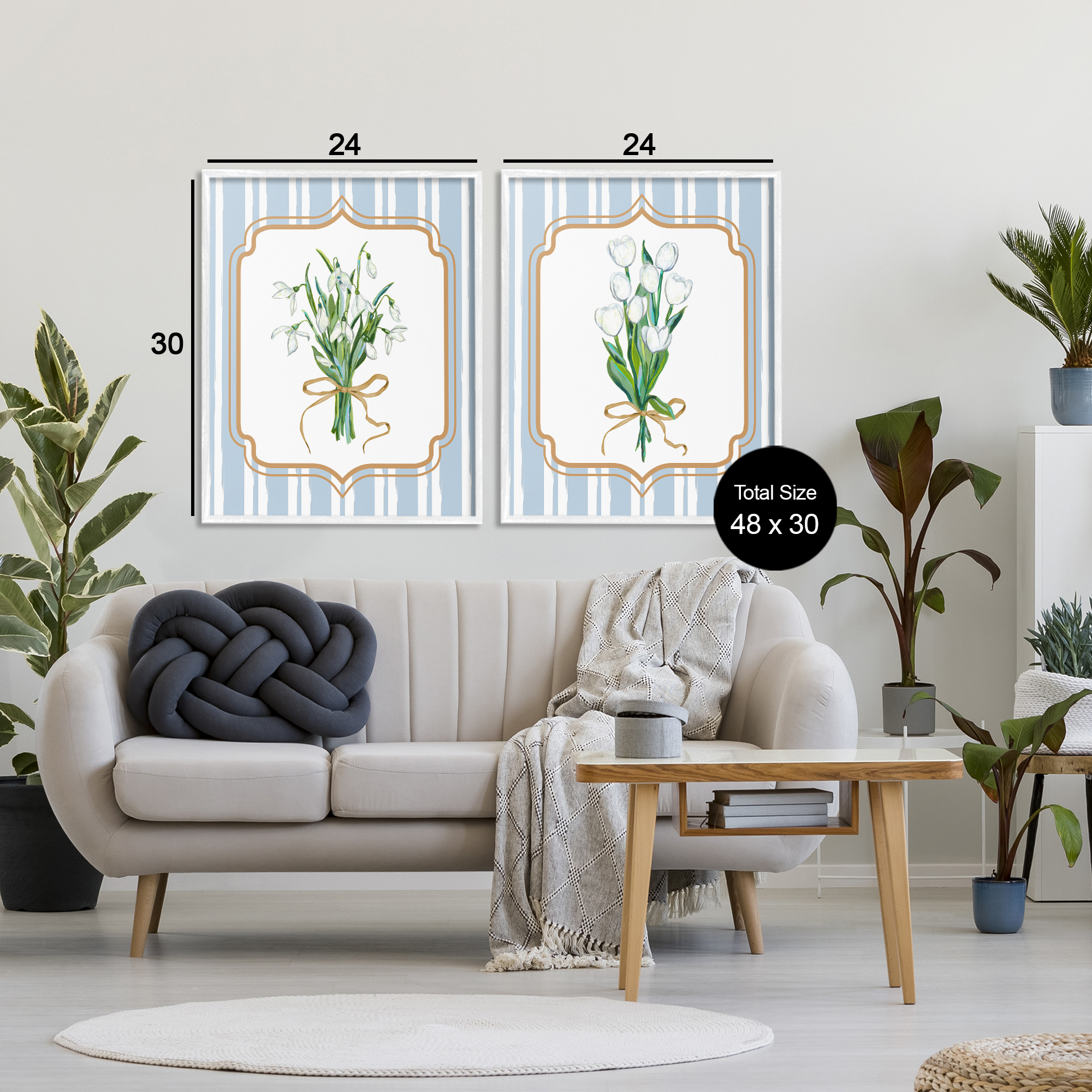 White Flowers Classic Stripes 2 Piece White Framed Giclee Art Set, design by Adonna Ebrahimi