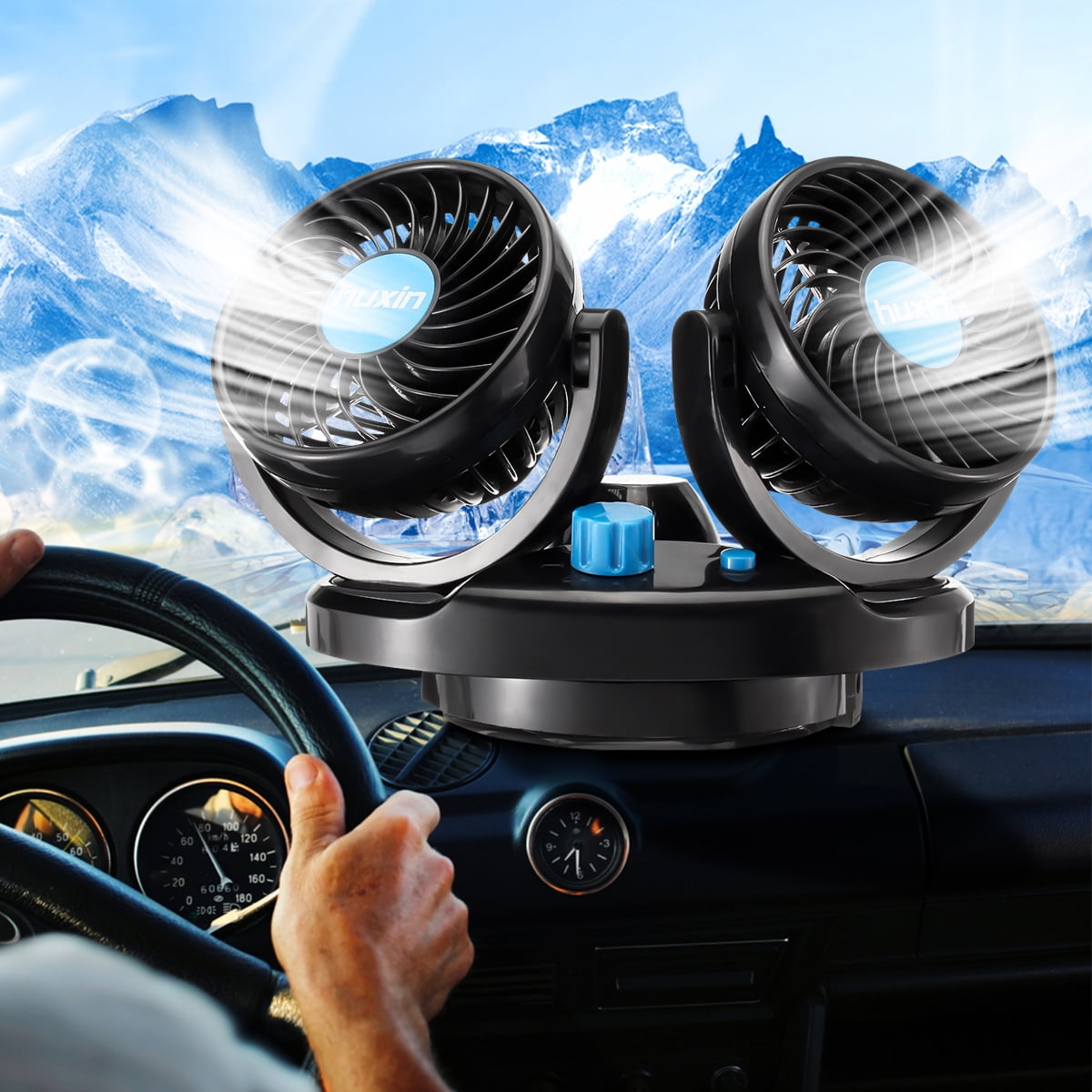 12V 5W 360° Rotation Car Vehicle Cooling Air Double Fan Adjustable Fan Car Fan