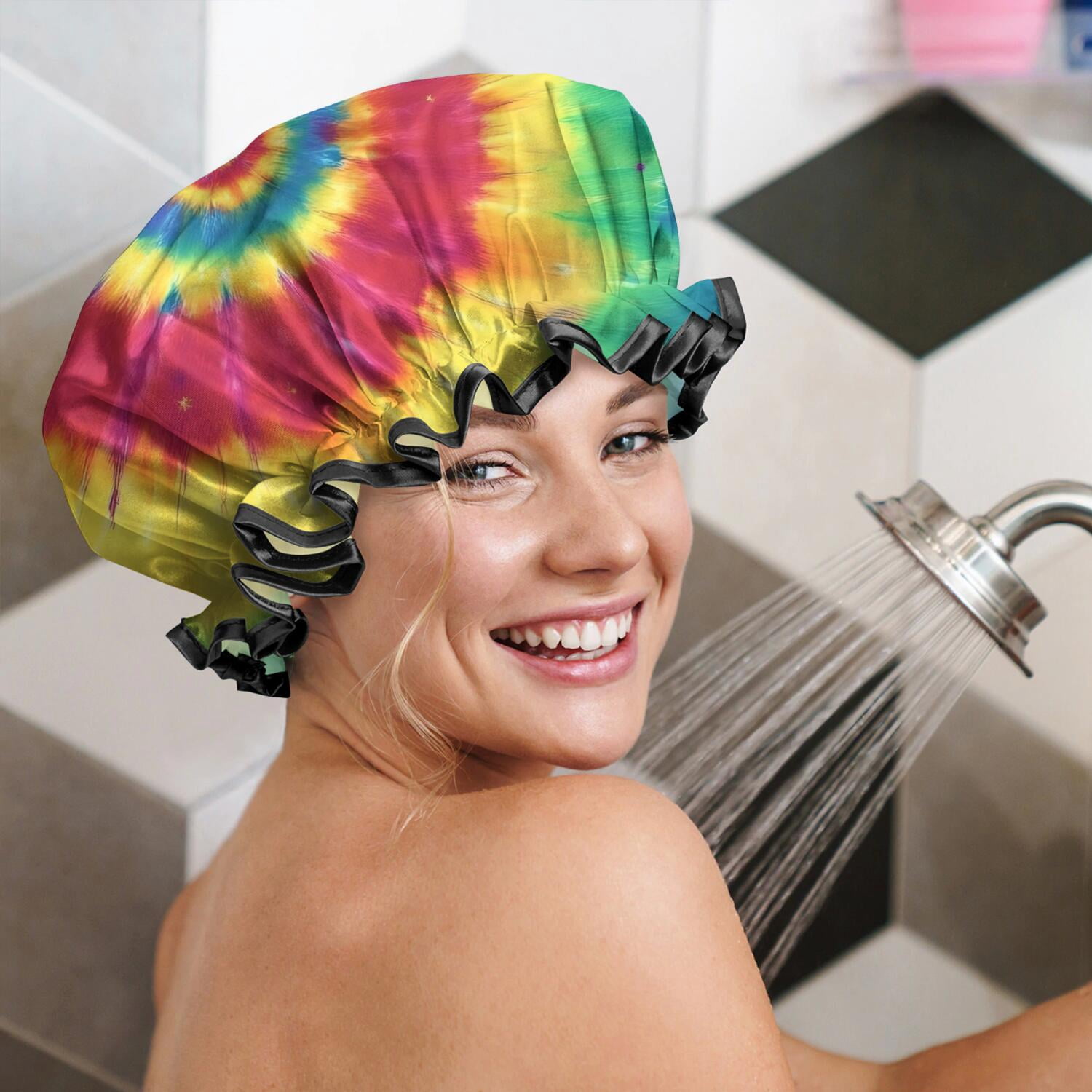 Shower Caps,Colorful Rainbow Tie Dye Spiral Pattern Waterproof Shower Cap for Women 4 Pieces,Double Reusable Hair Cover for Shower PEVA Elastic Stretch Hem