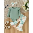 thumbnail image 2 of Newborn Baby Girls Clothes 3 Months Girls 3PCS Romper Outfits Set Flower Print Newborn Girls Long Sleeve Top Pants Set with Headband Green, 2 of 8