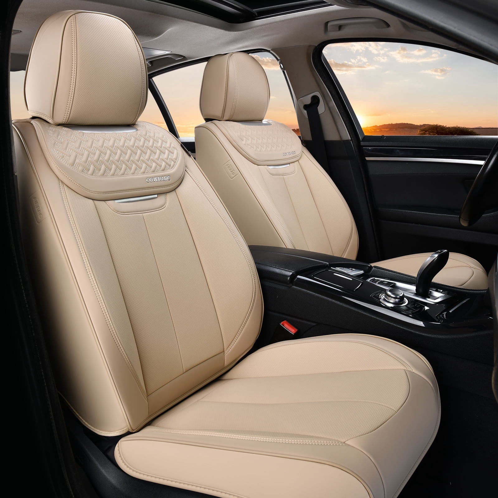 Coverado Car Seat Covers Full Set, Luxury Leather Front and Back Seat Protectors, Automotive Interior Cushions Universal Fit Most Cars, Beige