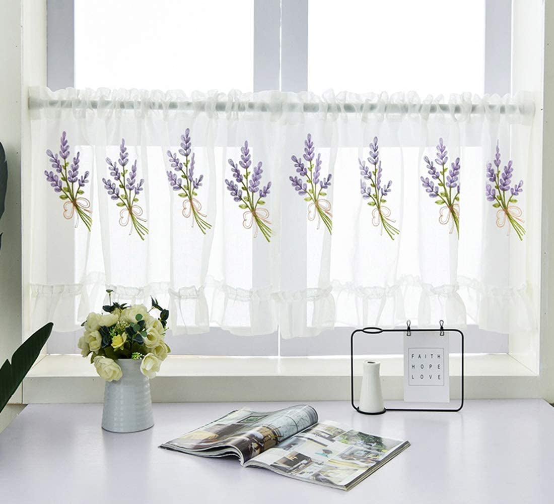 Window Valance Curtain with Embroidered W 150 x L 60 cm Rod Pocket Bistro Curtain for Kitchen Bathroom Window Curtain Sunflower Net Half Curtain Kitchen Lace Tier Curtain 
