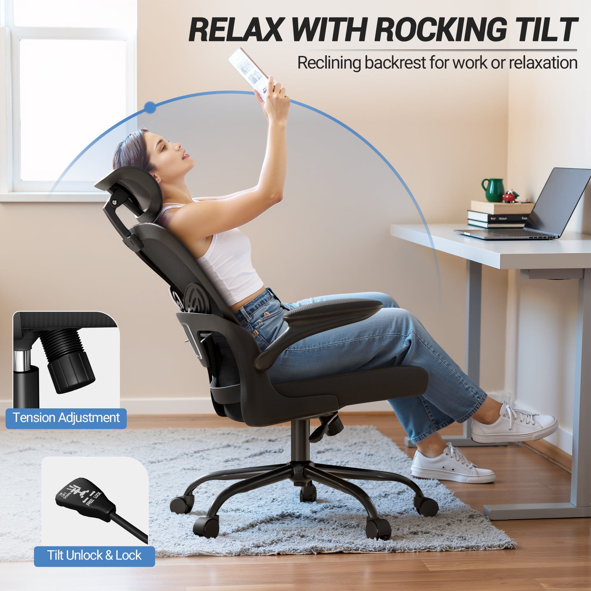 Lacoo Ergonomic Office Chair High Back Desk Mesh Chair Adjustable Lumber Support and Headrest with Flip up Armrest for Home Office, Black