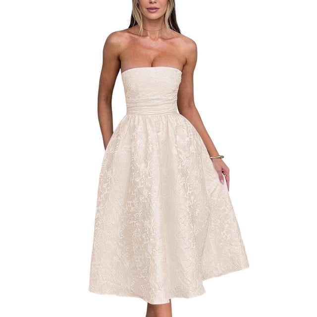 Vestidos de verano sin tirantes para el regreso a casa con bolsillos, corsé, línea A, midi, para fiesta de cóctel, vestidos rosas