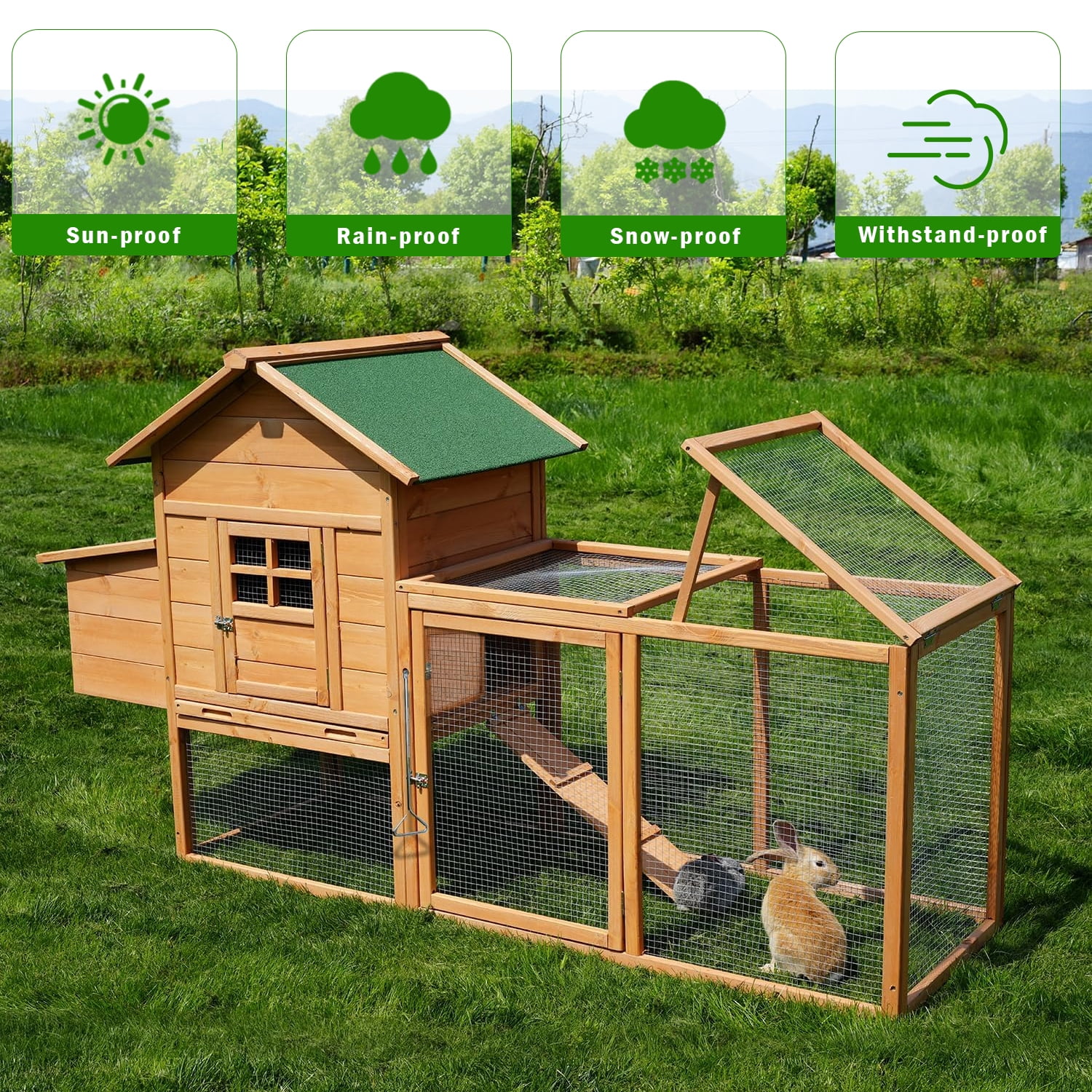 Chicken Coop for 2-4 Chcikens Outdoor Wooden 80'' Rabbit Hutch Poultry House with Chicken Run Cage, Egg Box & Waterproof Roof for Garden Backyard