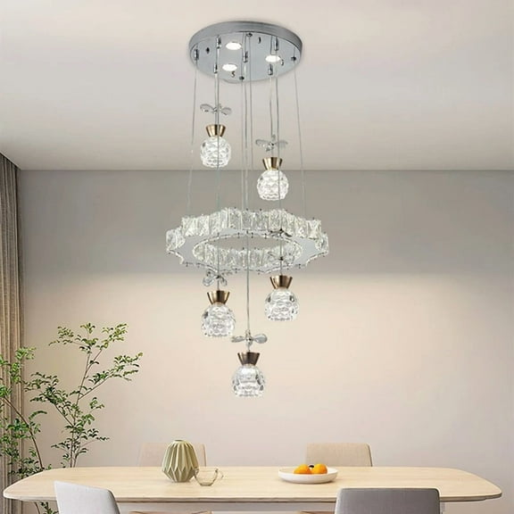 LUOLAX Modern Silver 3 Colors LED Chandelier Crystal Hanging Adjustable Pendant Light for Dining Room Living Room Bedroom Lighting Fixtures