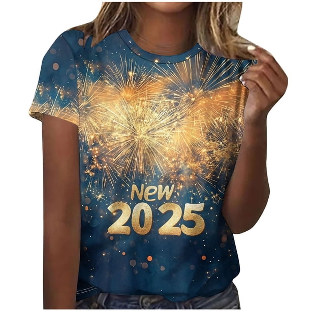 Camisetas Casuales de Mujer Año Nuevo Impreso Suéter de Manga Corta Cuello Redondo, Top de Moda para el Uso Diario