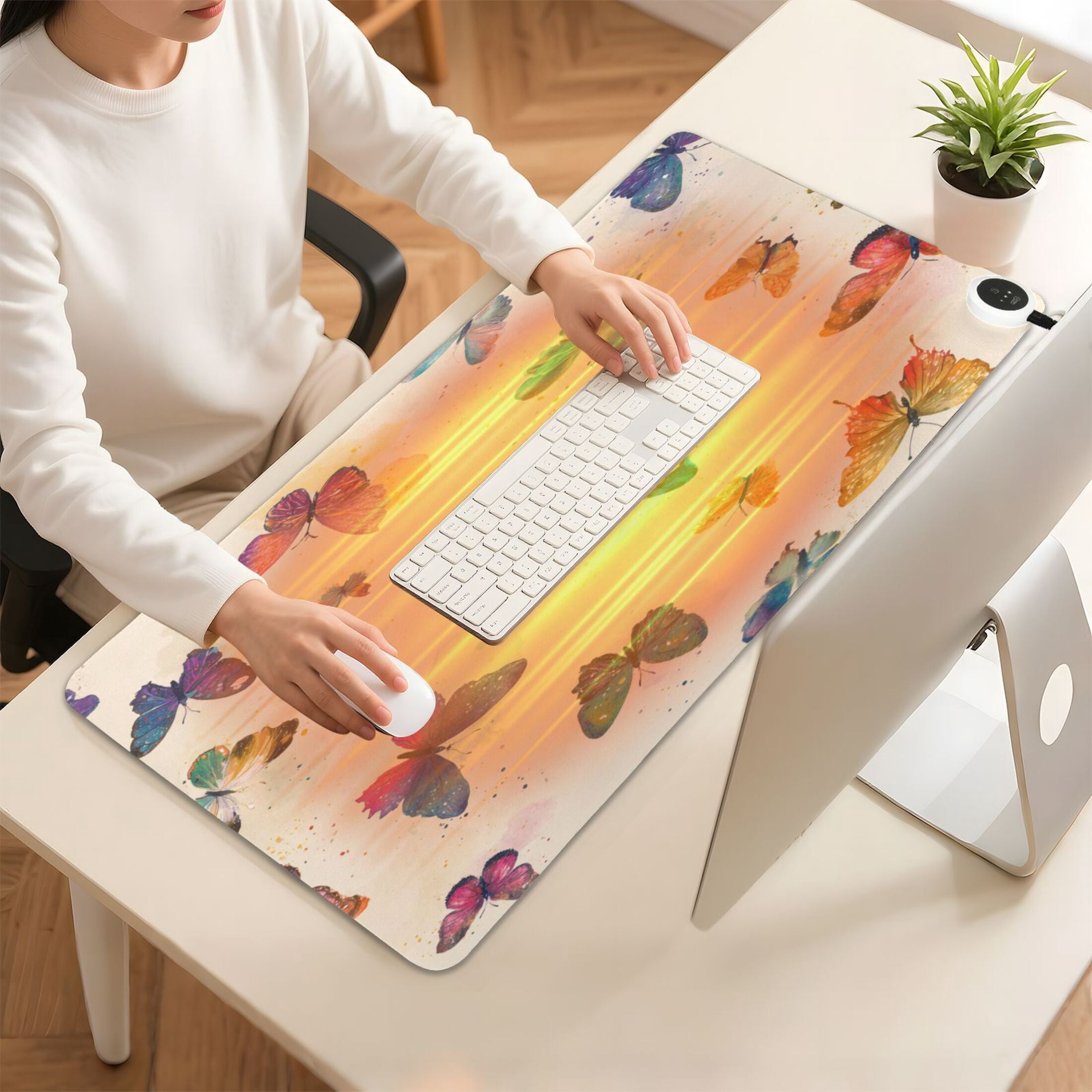 Large Heated Desk Mat Mouse Pad 31.5"x13"PU Leather Graphene Heating Desk Warmer with 3 Temperature Settings 110V US Plug Non-Slip Warm Pad for Home, Office, and Gaming Vibrant Polka Dot Butterfly
