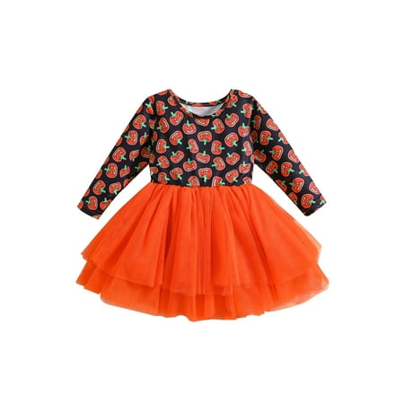 

Bagilaanoe Toddler Baby Girl Halloween Dress Pumpkin Print Long Sleeve A-line Princess Dresses 12M 18M 24M 3T 4T 5T Kid Fall Patchwork Tulle Skirt