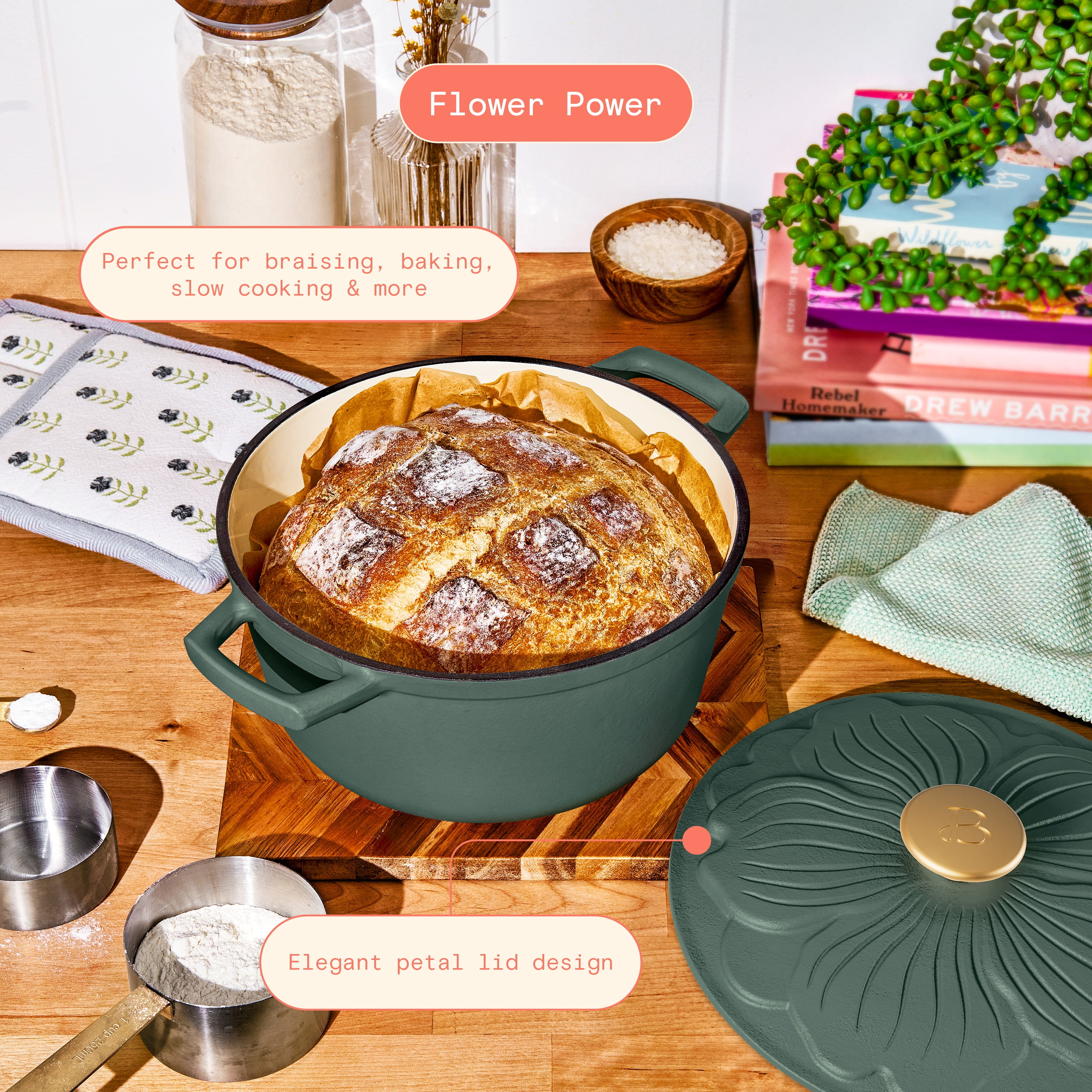 Beautiful 4 Quart Enameled Cast Iron Round Dutch Oven with Petal Design Lid, Thyme Green by Drew Barrymore