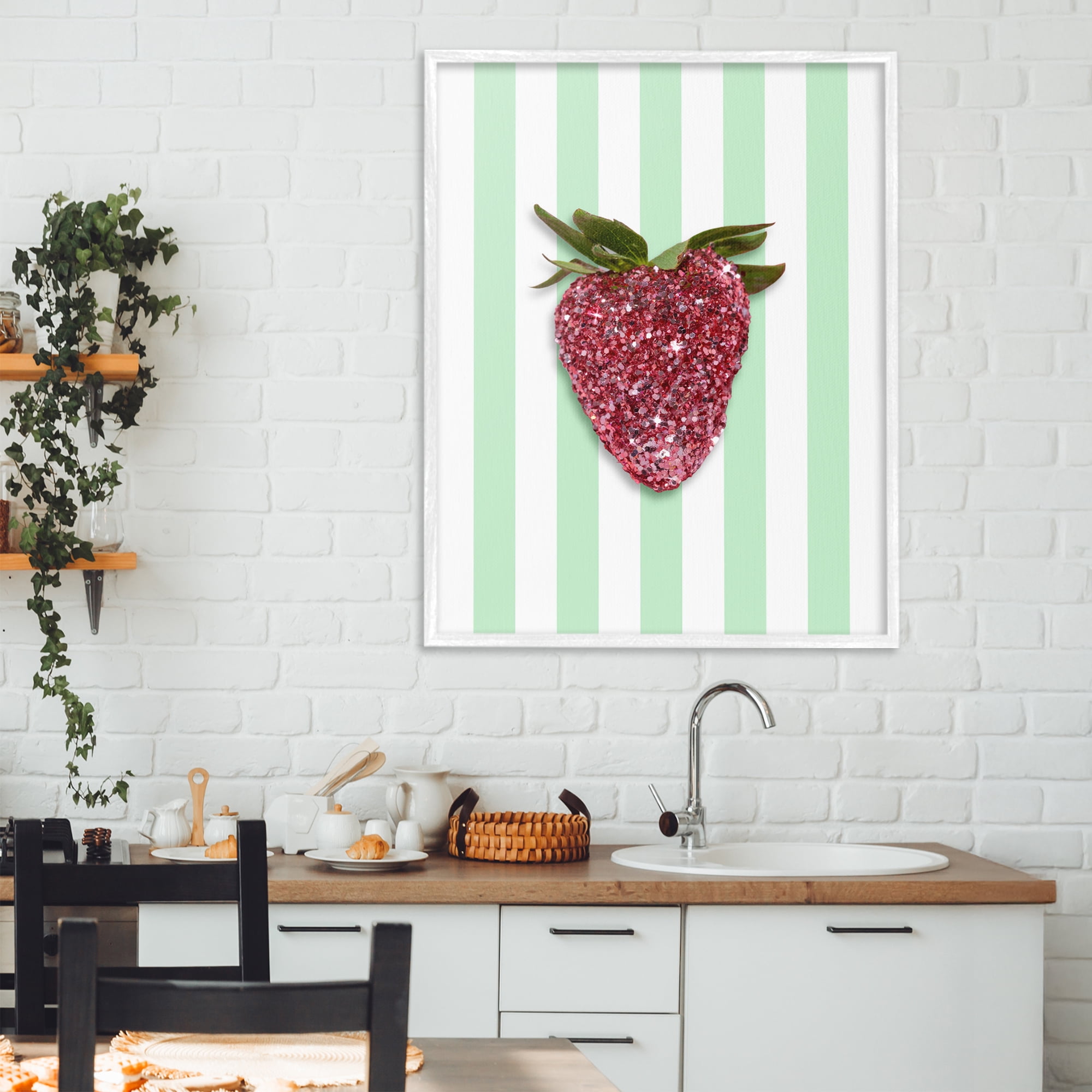 Stupell Industries Glimmer Cherry on Green Stripes White Framed Giclee Art, design by LISH Creative