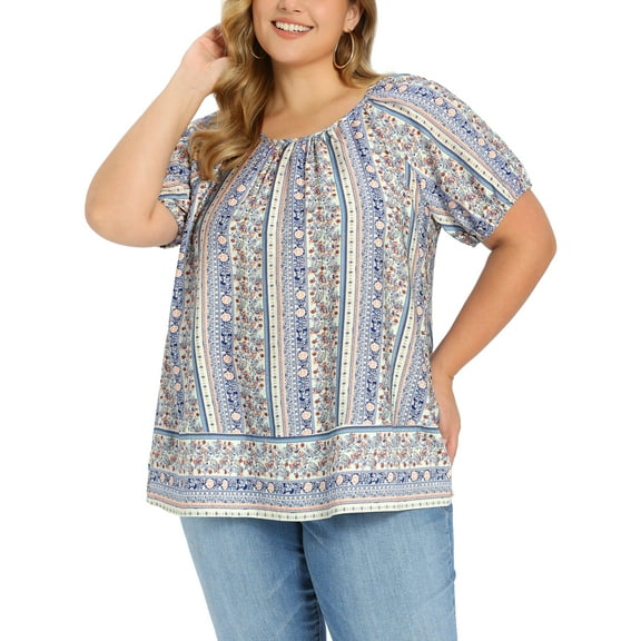 GRACE & GRANDEUR Women's Plus Size Summer Tops Boho Floral Print Round Neck Casual Blouse Puff Sleeve Vacation Top 1X Royal Blue