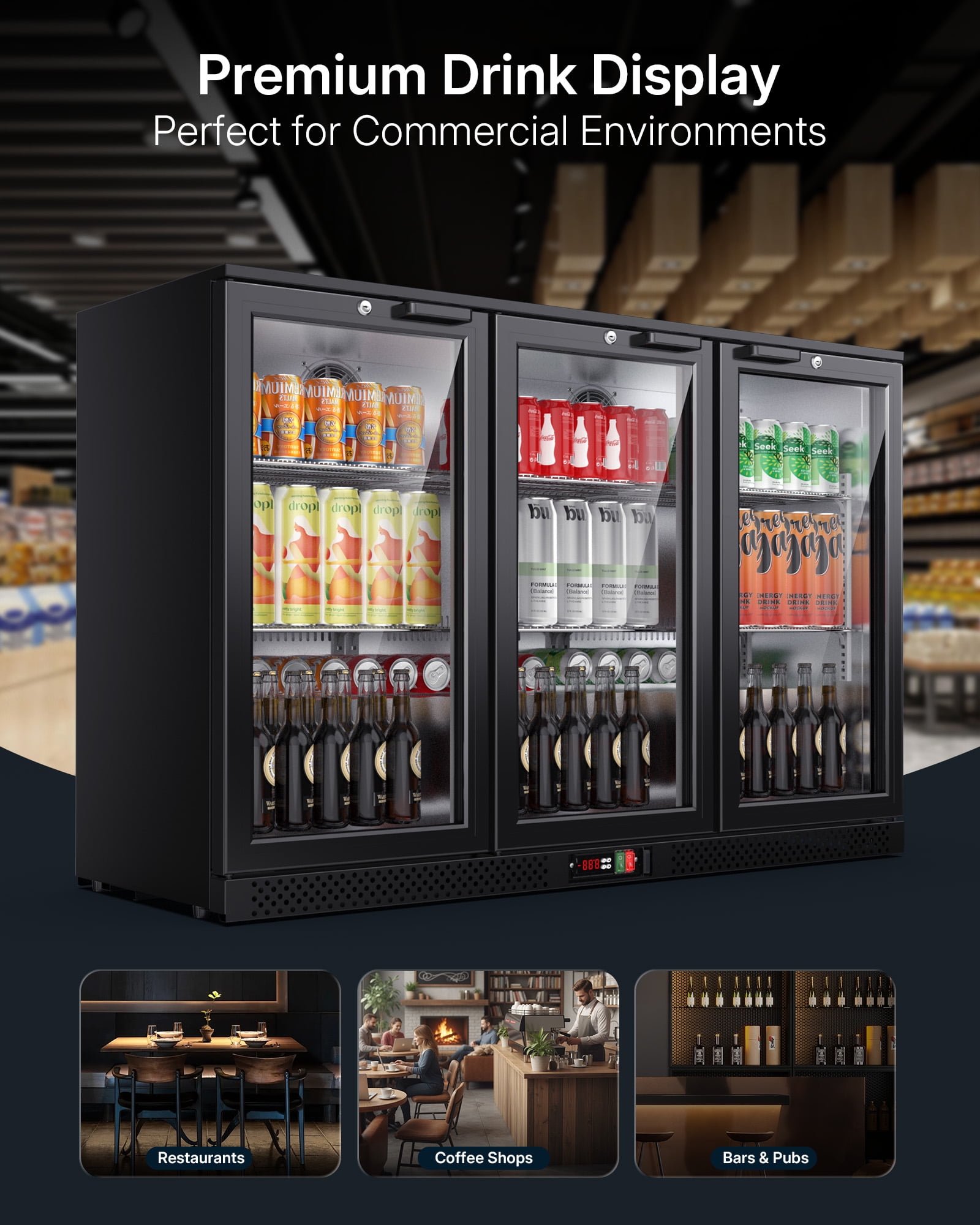 Upstreman 11.4 Cu.Ft Wine and Beverage Refrigerator, Three Zone Wine Cooler Beverage Fridge 3 Glass Door Commercial Refrigerator, 112 Bottles and 328 Cans, BB114
