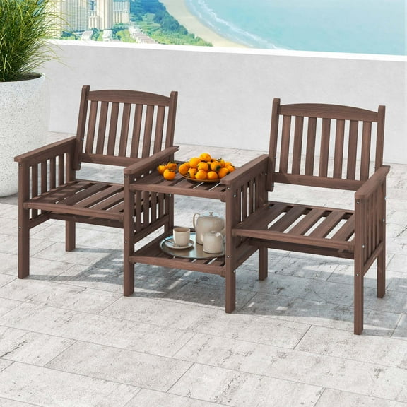 Costway Outdoor Fir Wood Loveseat with 2-Tier Side Table and 1.96" Umbrella Hole Brown