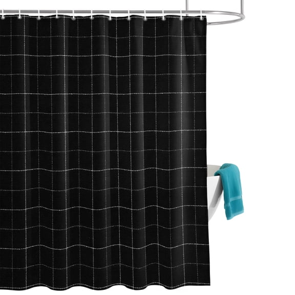 Black Grid Shower Curtain, Square Frame Pitch Black Plaid French Country Minimalist Waterproof Shower Curtain Set with 12 Hooks Lightweight Bath Curtains Fabric Bathroom Decor 66x72 Inches