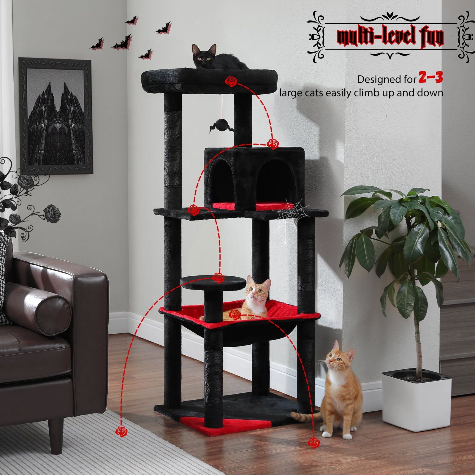 Kadyn 56" Wood Cat Tree Tower for Large Cats, Cat Tree House for Indoor Cats with Cozy Cat Condo, Super Large Hammock and Plush Perches, Black