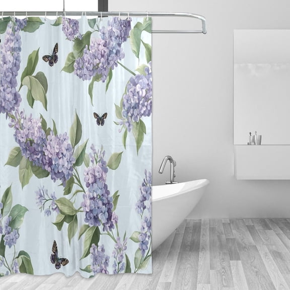 Beautiful Lilac Flowers and Butterflies Shower Curtains with 12 Hooks Waterproof Bathroom Decor 66" x 72"