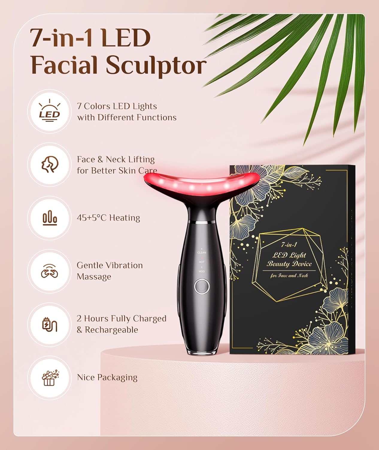 Red Light Therapy Facial Massager, 7 Color Adjustable Vibration and Heat for Wrinkles and Double Chin, Portable Skin Care Tool with Charging Base