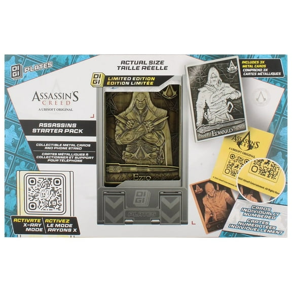 Exquisite Gaming: Digiplate Starter Pack - Assassins Creed: Assassins - 3 Collectible Metal Cards & Phone Stand, Copper-Gold-Silver Image Plates