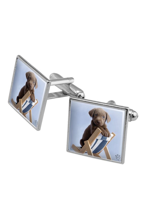 Lab Labrador Puppy Dog in Beach Lounger Chair Square Cufflink Set - Silver or Gold