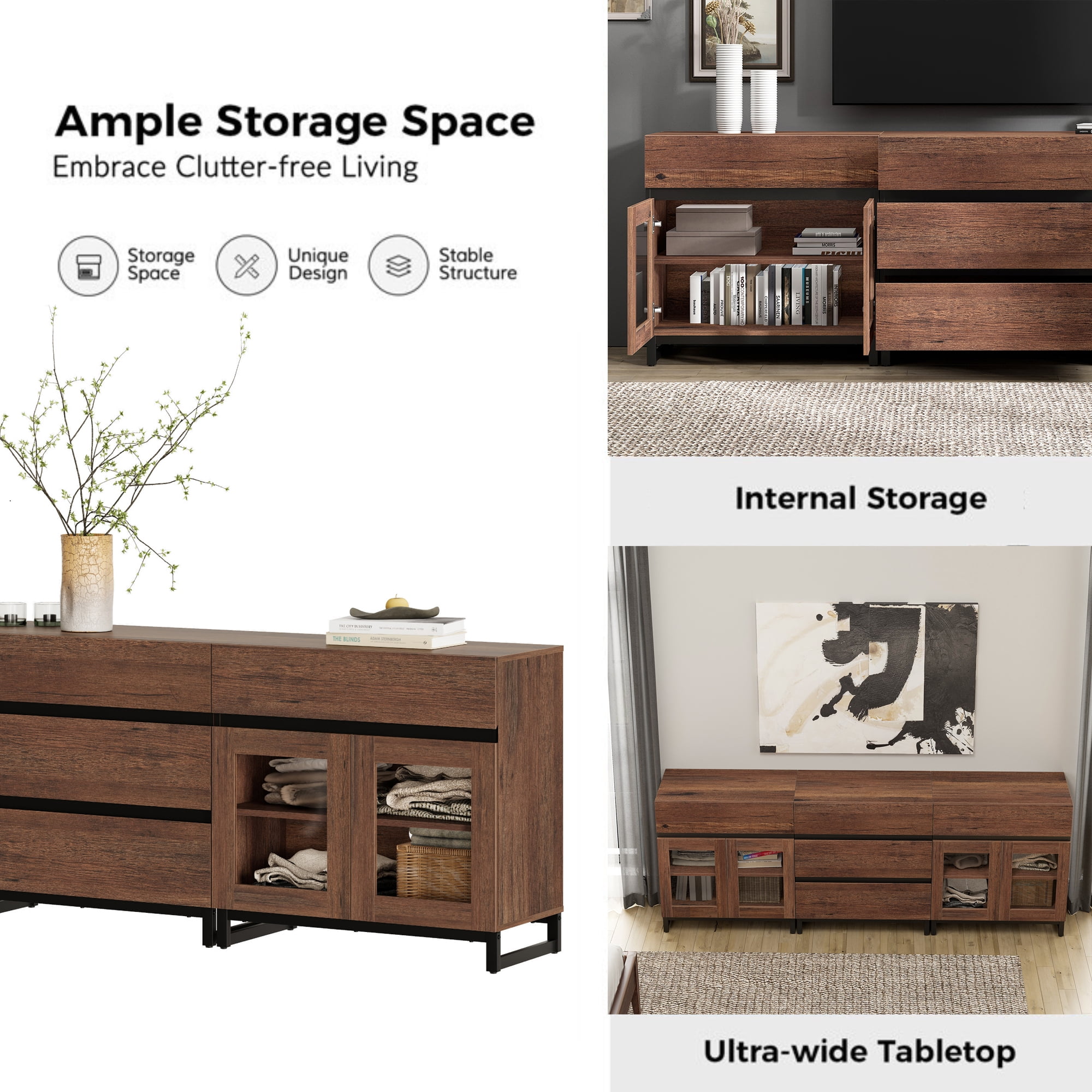 3 In 1 Sideboard Buffet Cabinets With Glass Doors And 5 Drawers, Modern Sideboard Credenza With Adjustable Shelf And Metal Base, Coffee Bar Cabinet Storage Cabinet For Living Room, Kitchen