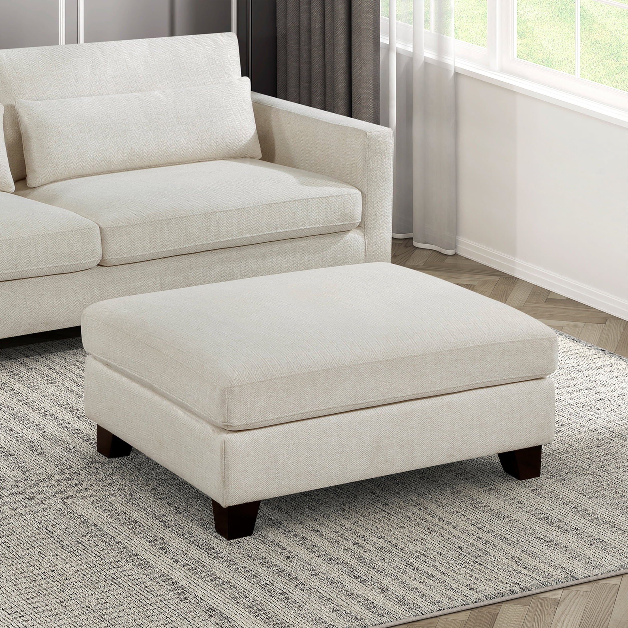 OakvillePark Caladune Textured Fabric Ottoman with Solid Wood Legs, Ivory