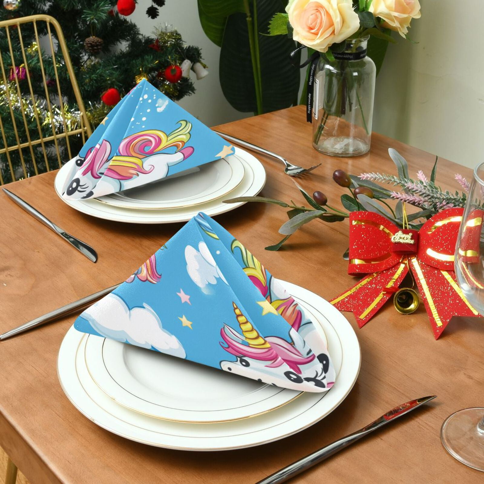 JSTEL Cute Rainbow Unicorns Cartoon Cloth Napkins Set of 6, 20x20 Inch Washable and Reusable Napkin for Decoupage Dinner Party Everyday Use