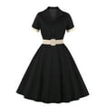 thumbnail image 4 of Letdown Women Notch Lapel Vintage V-Neck Swing Dress 50s 60s Button up 1950s Rockabilly Prom Midi Evening Solid Dress for Spring Fall (Black, L), 4 of 5