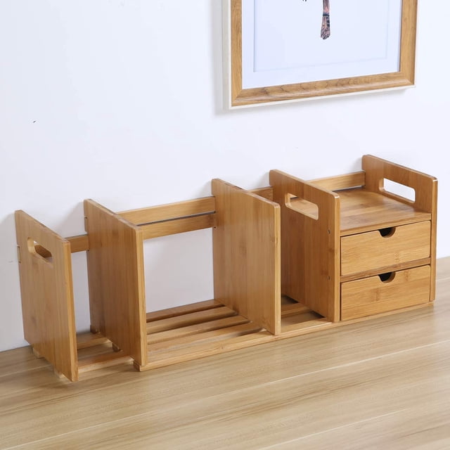 Maydear Bamboo Desktop Bookshelf Expandable Desktop Organizer Table Top Bookcase , with 1 Drawers, Desk Storage Organizer Display Shelf Rack for Office Supplies