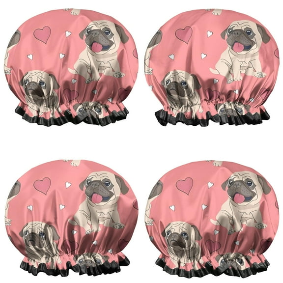 Shower Caps,Pug and Love Heart Waterproof Shower Cap for Women 4 Pieces,Double Reusable Hair Cover for Shower PEVA Elastic Stretch Hem
