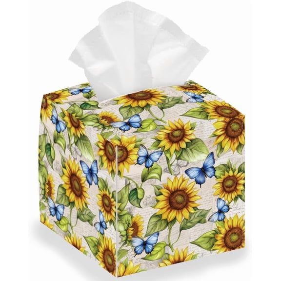 Sunflowers Tissue Box Holder Butterflies Square Tissue Box Cover Foldable Tissue Storage Box Waterproof Paper Towel Case Container Organizer Tissue Box Holder for Bathroom Car Nightstand