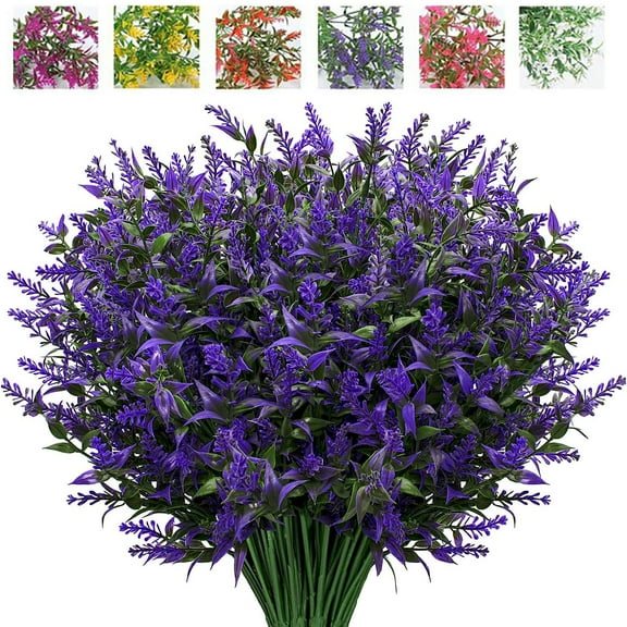 8 Bundles Artificial Lavender Flowers, Fake Flowers Outdoor UV Resistant Artificial Flowers Faux Plastic Shrubs for Hanging Planters Outside Porch Vase Home Window Decoration (Purple)