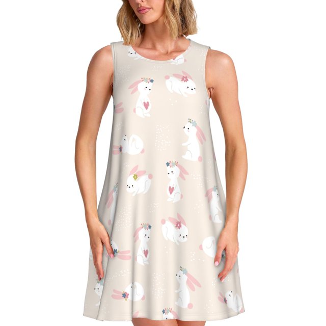 Easygdp Beautiful Rabbit para Vestido Transpirable de Mujer, Vestido Suelto de Manga Corta con Pliegues y Bolsillos para el Verano