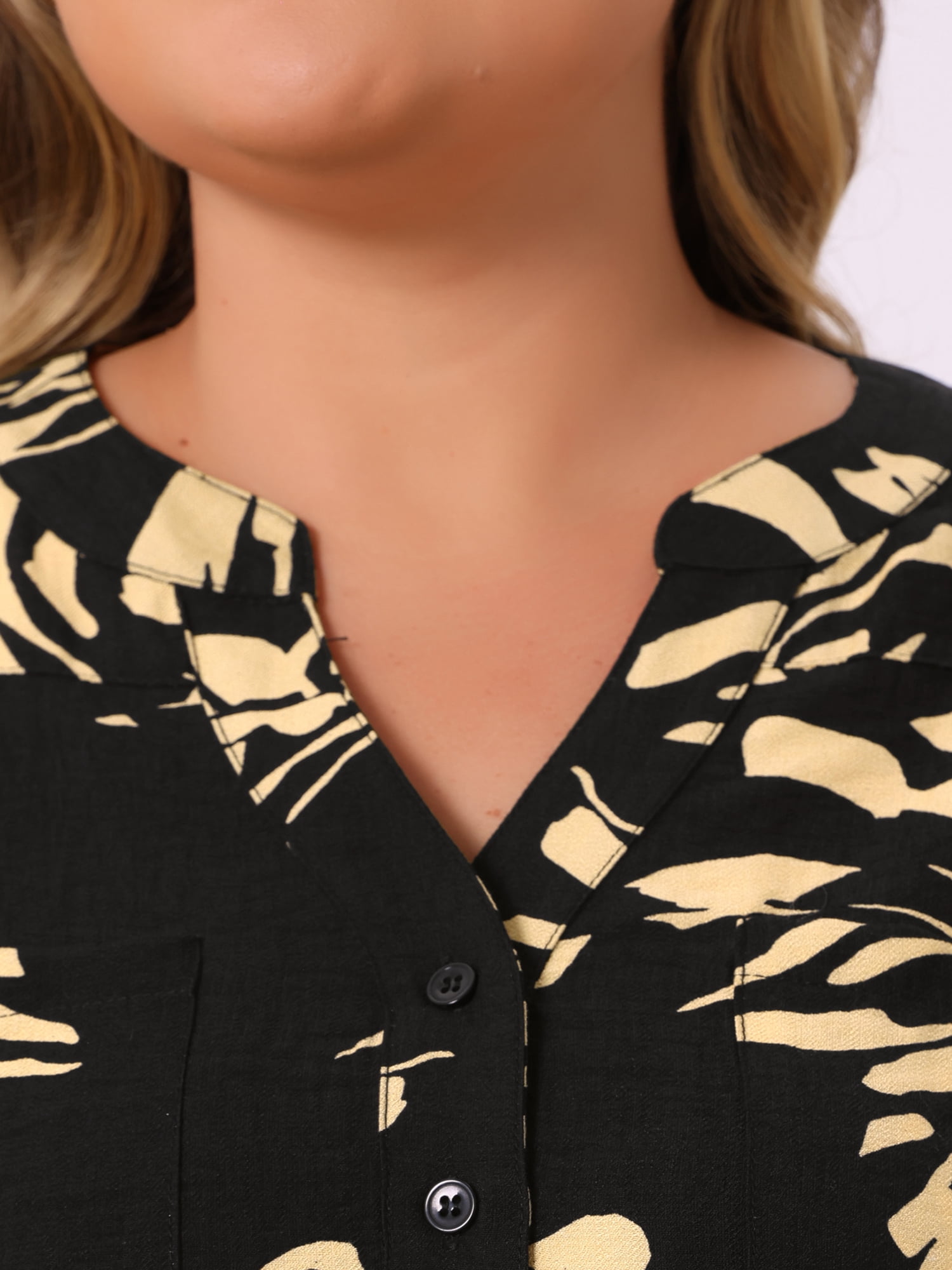 DARING DIVA Women's Plus Floral 3/4 Sleeve V Neck Button Blouse 3X Black