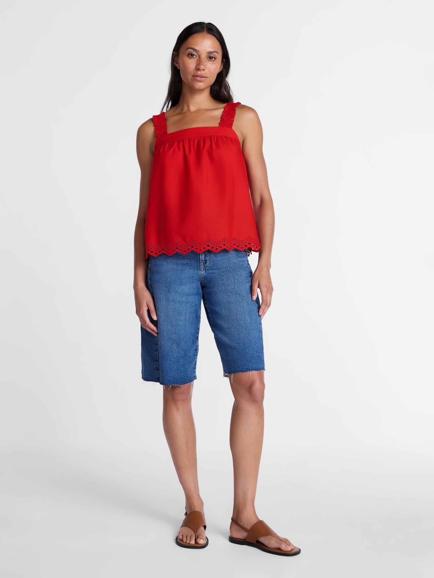 Time and Tru Women’s Eyelet Trim Cotton Tank Top, Sizes XS-XXXL