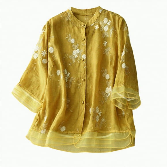 WUANDIXFA Ladies Long Sleeve T Shirts Women's Five Point Sleeve Embroidery Loose Literary Vintage Cotton Top Long Sleeve Crew Neck Top/Shirt Yellow,2XL