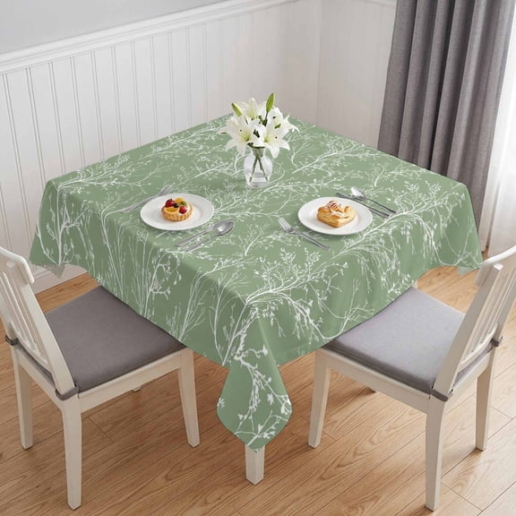 Sage Green Botanical Table Cloth Waterproof Tablecloths, Vintage Floral Plants Branch Tablecloth Dining Table Cover for Kitchen Party Tabletop Outdoor, Square Tablecloth 54x54 Inch