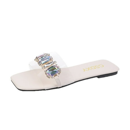 

Women s Flats Sandals Summer Casual Lightweight One Strap Rhinestones Slippers Open Toe Comfort Mini Heel Slides Shoes