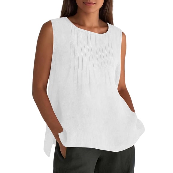 KHONTS Linen Plus Size Tank Tops for Women Crewneck Pleated Front Sleeveless Summer Holiday Shirts White XL