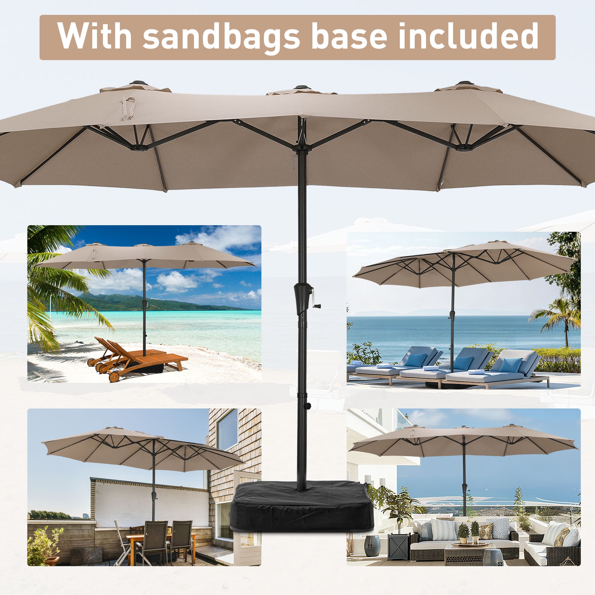 Autlaycil 15 ft Rectangle Patio Umbrella with Umbrella Base, Crank, Outdoor Market Umbrella (Khaki)