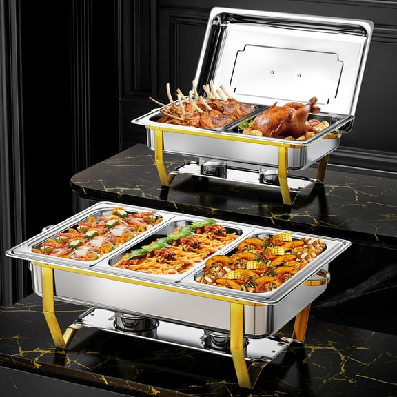 WARMOUNTS Gold Chafing Dishes for Buffet (9QT, 2 Pack) - Easy Assembly, Food-Grade Stainless Steel Chafers for Catering with Rolled Edge Design, Foldable Frame, for Banquet (1/2 & 1/3 Size Food Pan)