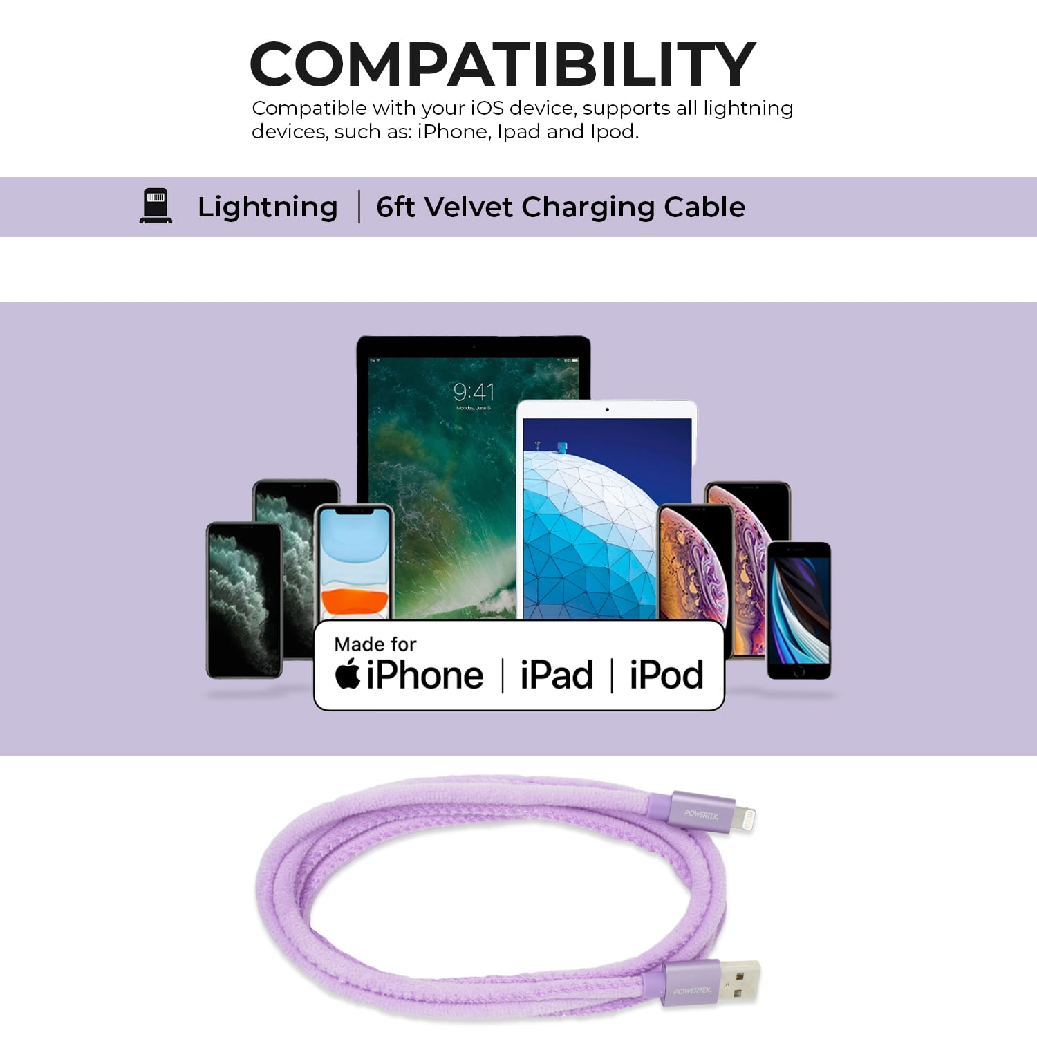 Liquipel Powertek iPad & iPhone Charger Cable, Fast Charging 6ft MFI Certified Lightning to USB Cord, Velvet - Purple