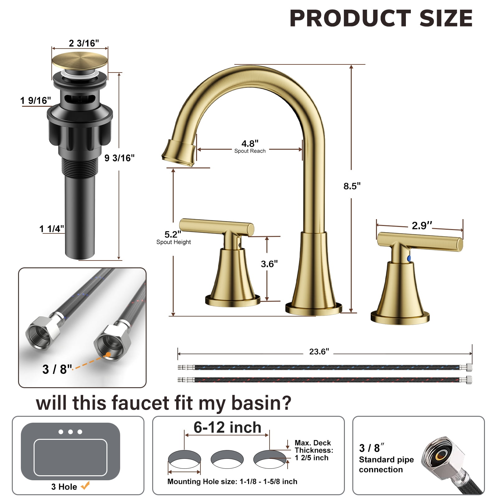 KINGTACK Bathroom Faucet for Sink 3 Hole, 8 Inch Bathroom Faucets with Pop-up Drain and Supply Lines, Brushed Gold