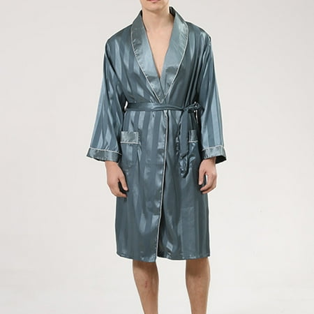 

Fiudx Men Solid Casual Long Sleeves Lace-up Striped Home Pocket Long Pajama Robe Shorts 638