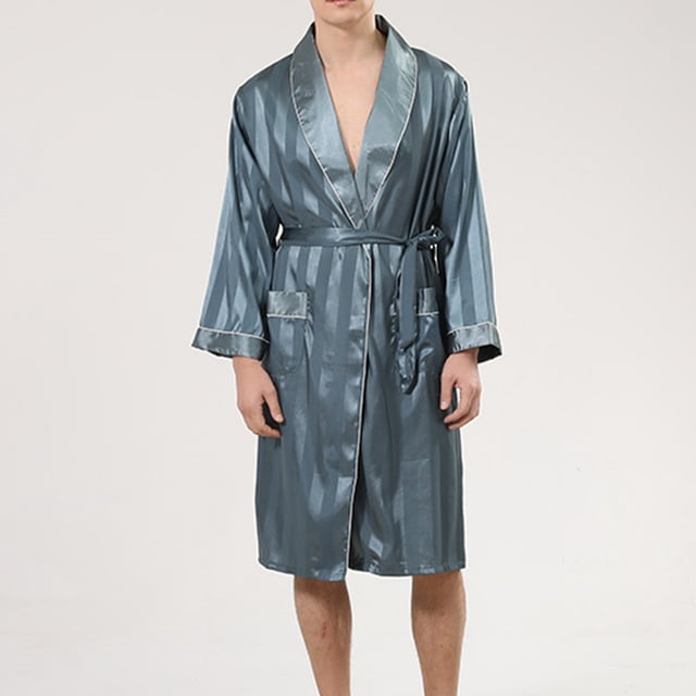 LSLJS Men Solid Casual Long Sleeves Lace-up Striped Home Pocket Long Pajama Robe Shorts, Robes Gifts for Men