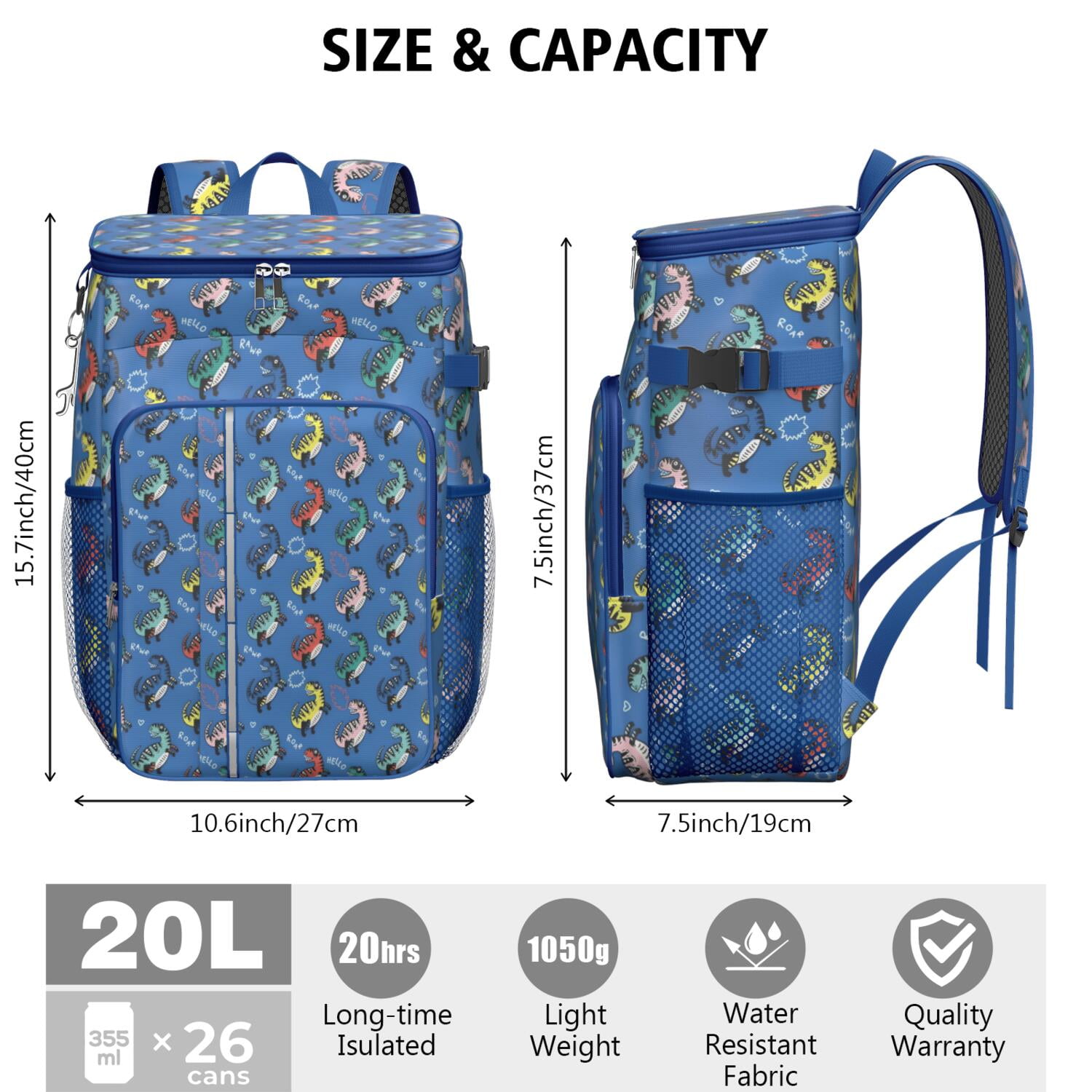 Travel Cooler Bag - Blue Cartoon Dinosaurs Text Pattern Camping Beer Cooler Backpack with Bottle Opener- Waterproof Insulated Picnic Backpacks - Cooler Bag for Beach