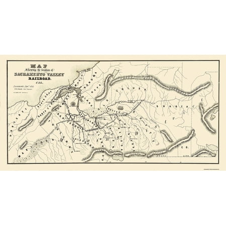 Railroad Map - Sacramento Valley Railroad - 1854 - Vintage Wall Art