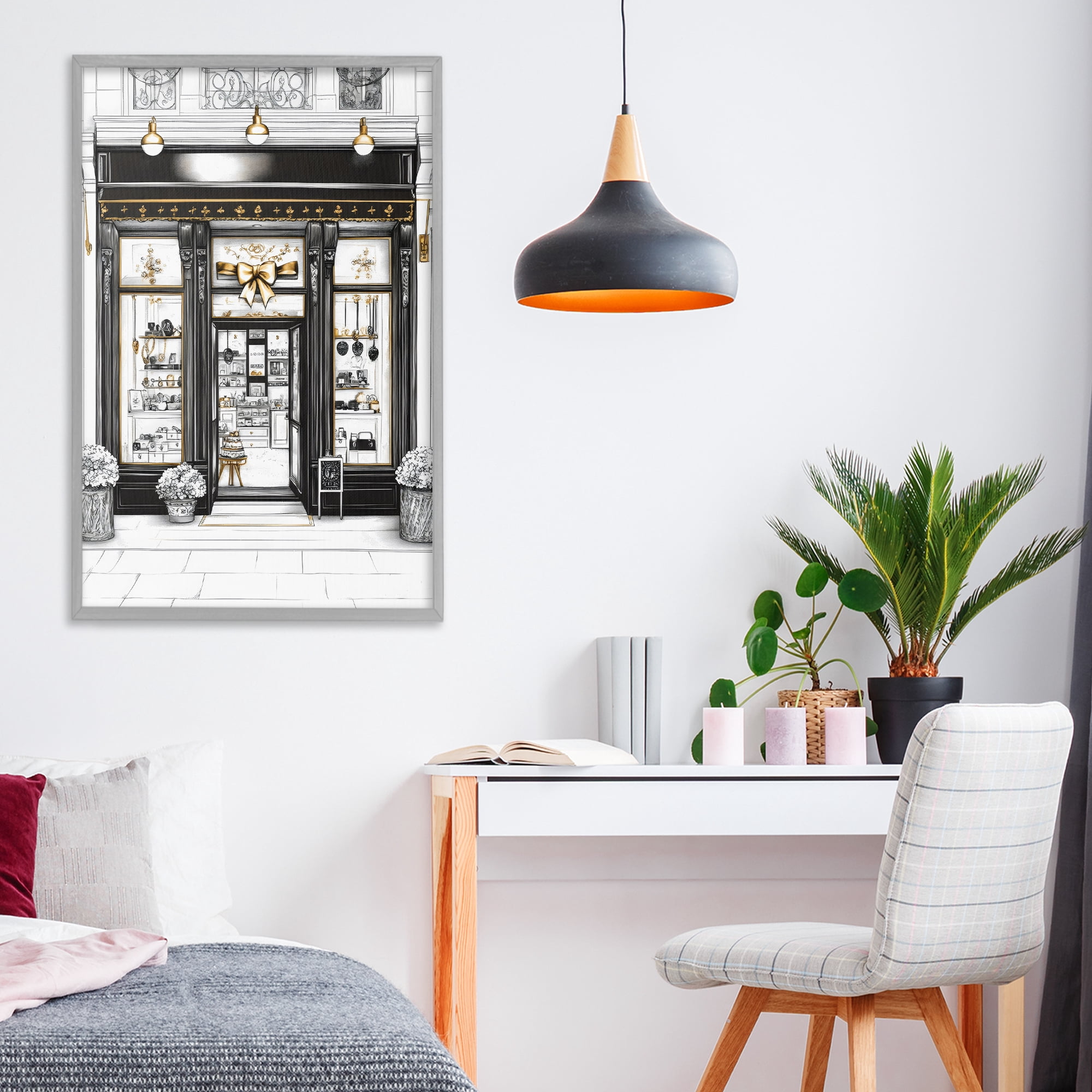 Stupell Industries Glam Paris Shop Facade Gray Framed Giclee Art, design by Petal Prints Design